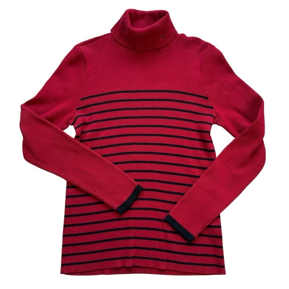 VTG 90s Y2K Lauren Ralph Lauren Women's XL Red Striped Turtleneck Sweater Ribbed